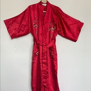 Luxurious Red Satin Kimono Robe with Embroidered Details